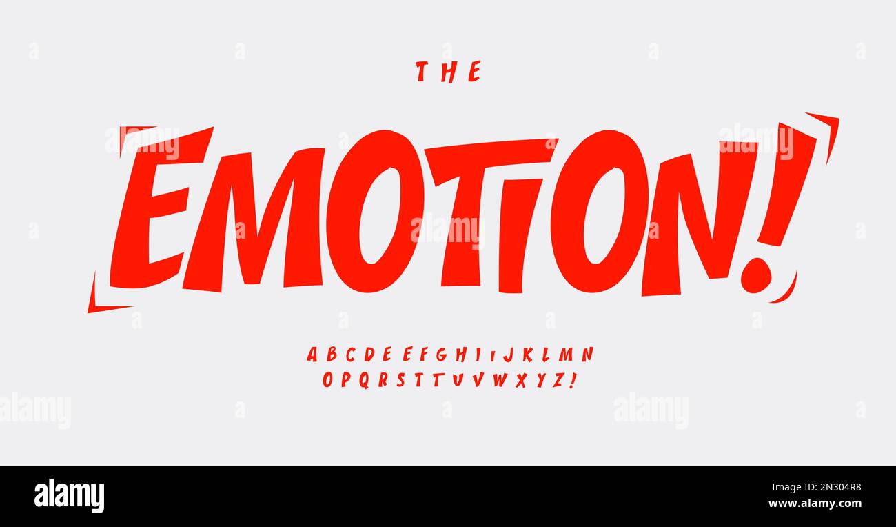 Alfabeto emotivo, carattere cartoon, allegre lettere per il divertimento logo, titolo esclamativo, tipografia del fumetto, design del gioco. Vettore Illustrazione Vettoriale