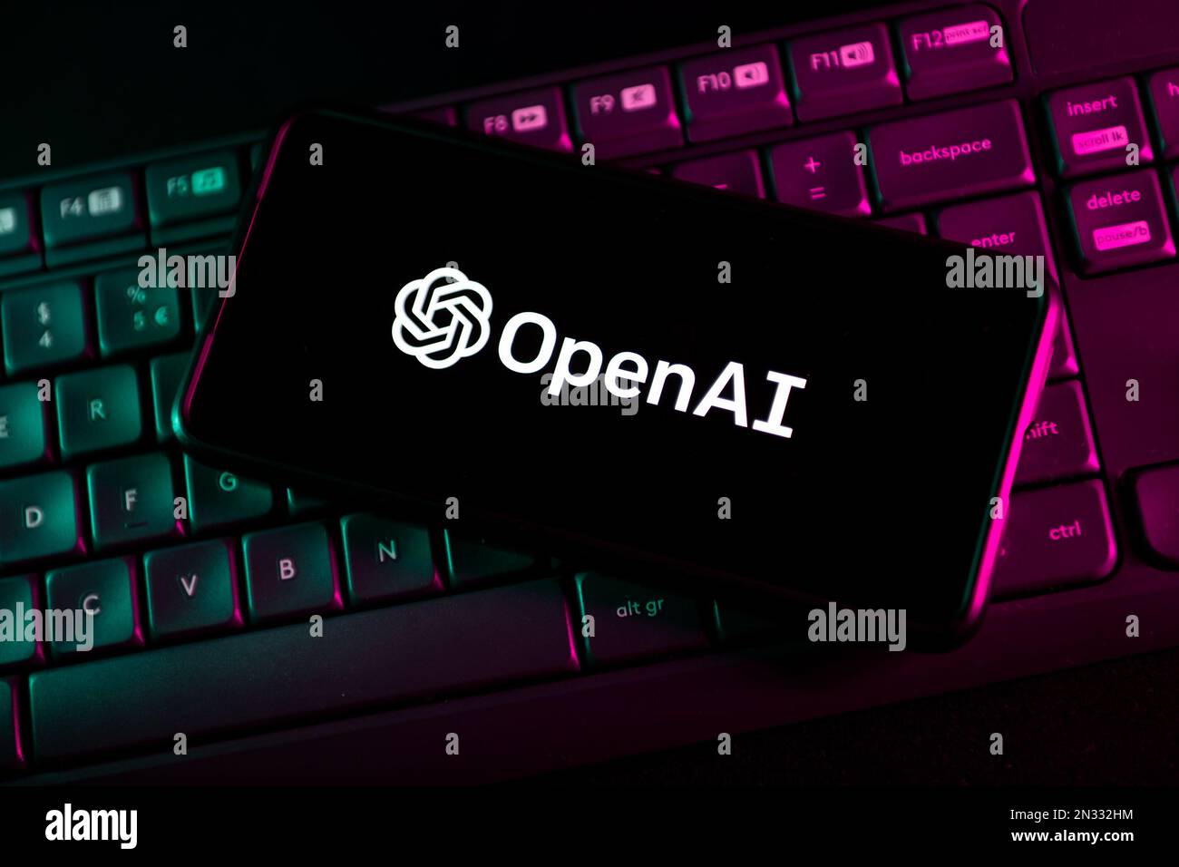 In questa immagine viene visualizzato un logo OpenAI Chat GPT sullo smartphone. Foto Stock