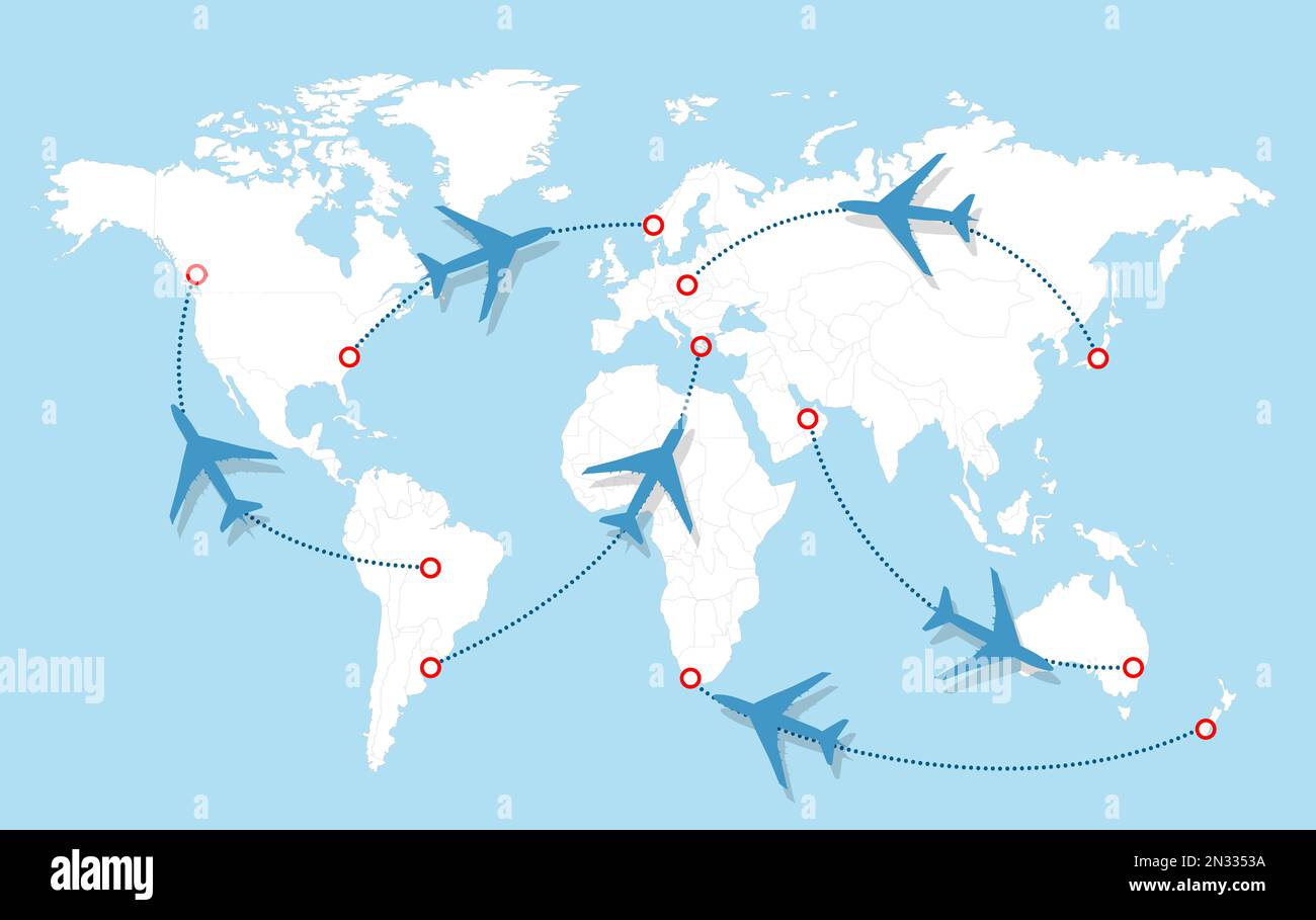 Mappa dei percorsi di volo con aerei su di esso, illustrazione Foto Stock