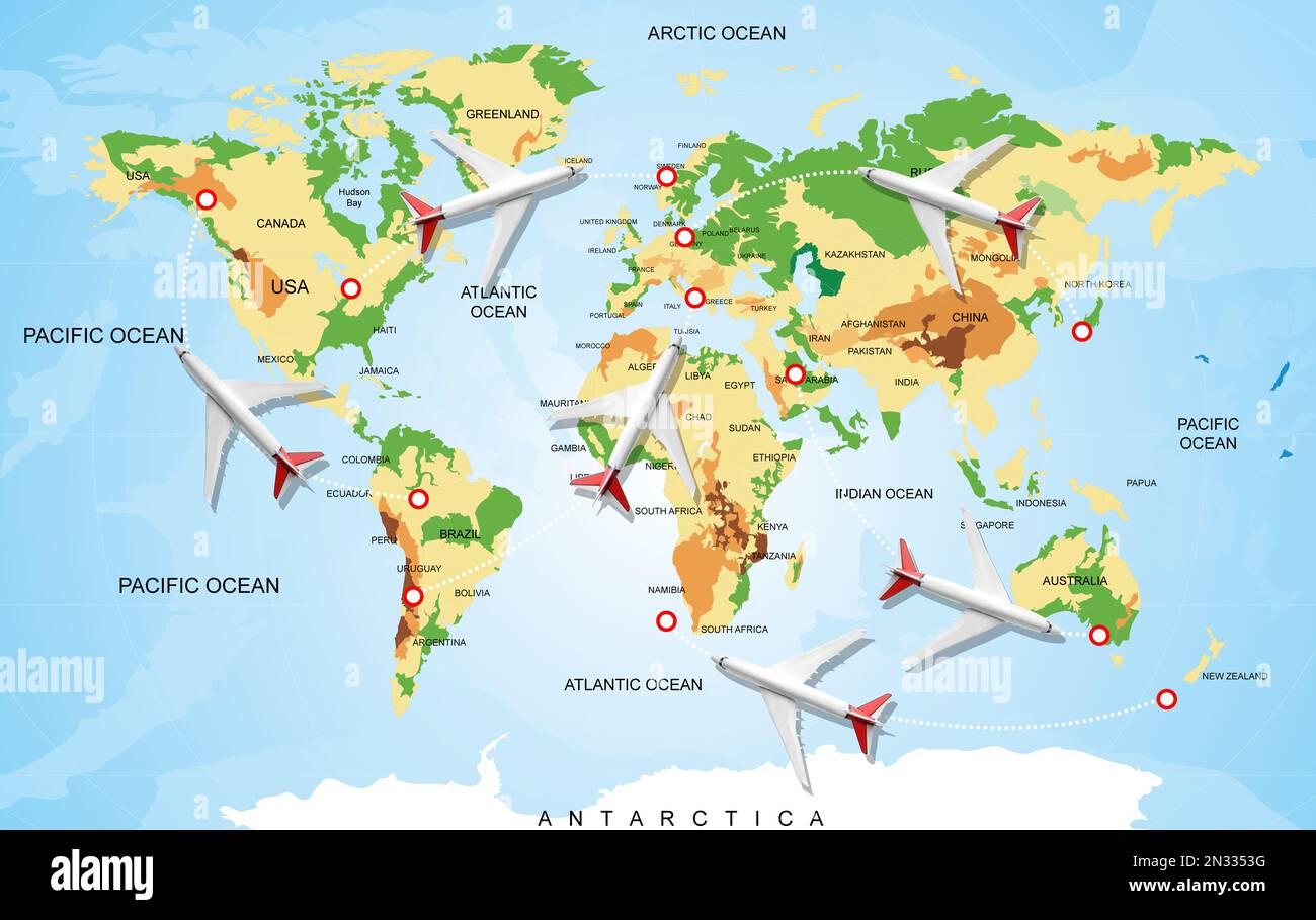 Mappa dei percorsi di volo con aerei su di esso, illustrazione Foto Stock