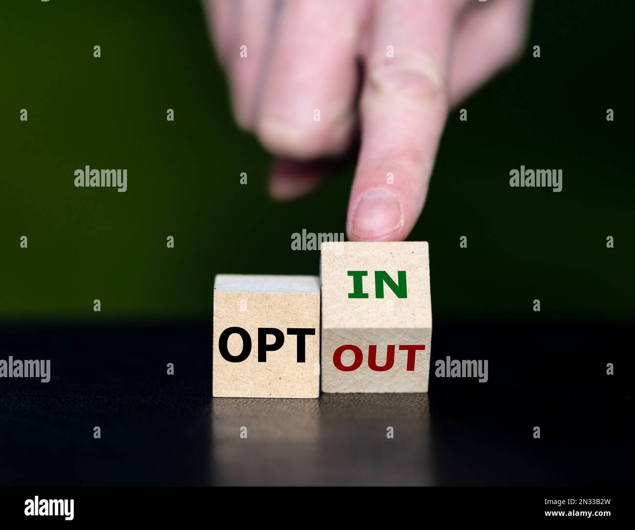 I cubi formano le espressioni 'opt in' e 'opt out'. Foto Stock