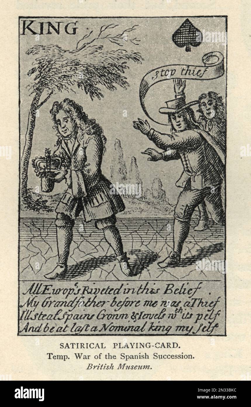 Illustrazione vintage carta satirica da gioco, re di Spade, rubando la corona di Spagna, la guerra di successione spagnola Foto Stock