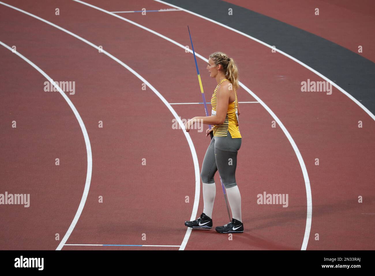 06 AGOSTO 2021 - Tokyo, Giappone: Christin HUSSONG di Germania nella finale di lancio di Javelin femminile di atletica ai Giochi Olimpici di Tokyo 2020 (Foto: Mickael Foto Stock