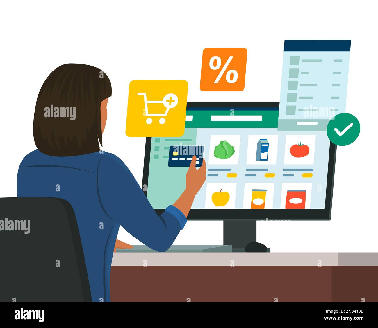 Donna che si connette con il suo computer e fare shopping online, sta pagando con una carta di credito Illustrazione Vettoriale
