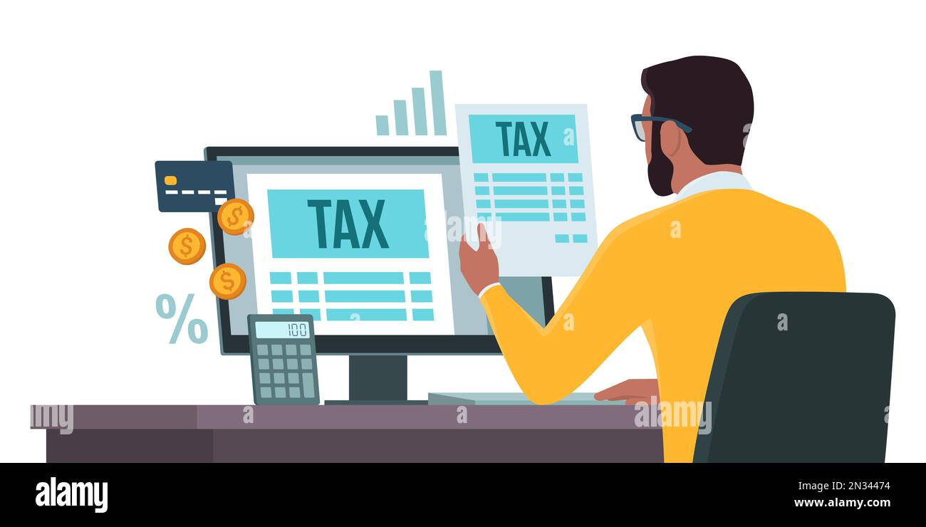 Pagamento online e-tax su computer: Uomo che controlla i moduli fiscali sul suo computer e paga con una carta di credito Illustrazione Vettoriale