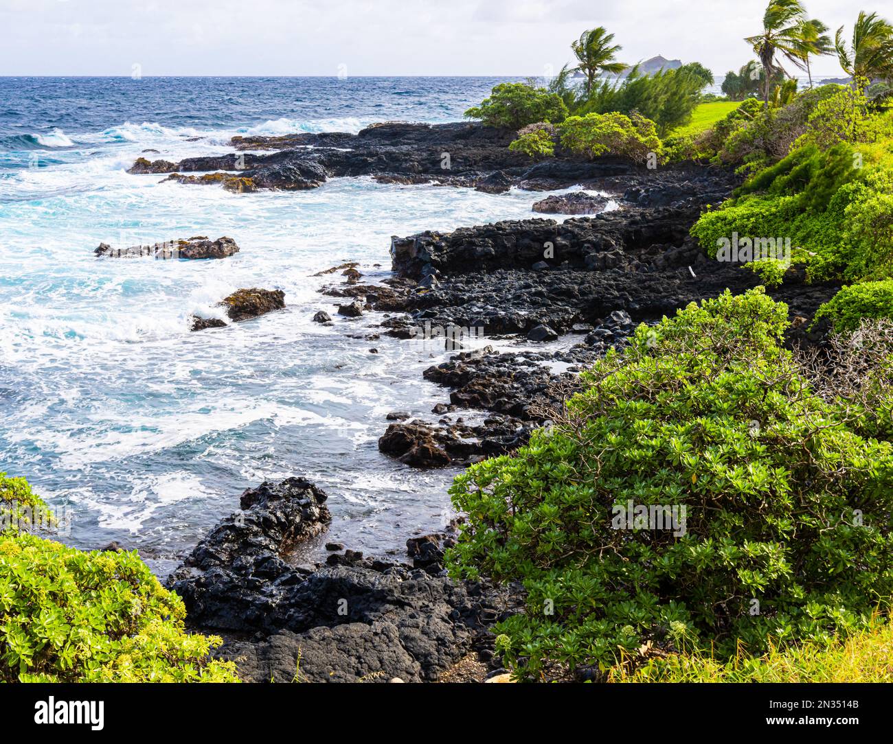 La Rugged Shore di Kaihalulu Bay, Hana, Maui, Hawaii, USA Foto Stock