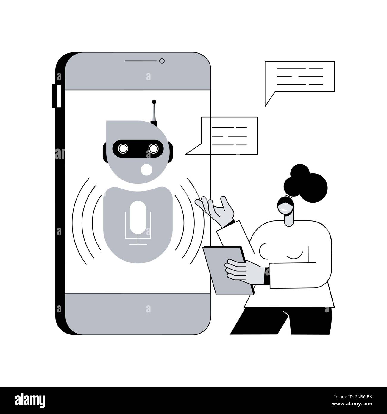 Chatbot Voice Controlled Virtual Assistant astratto concetto di illustrazione vettoriale. Assistente personale virtuale parlante, applicazione vocale smartphone, intelligenza artificiale, metafora astratta chatbot con controllo vocale. Illustrazione Vettoriale