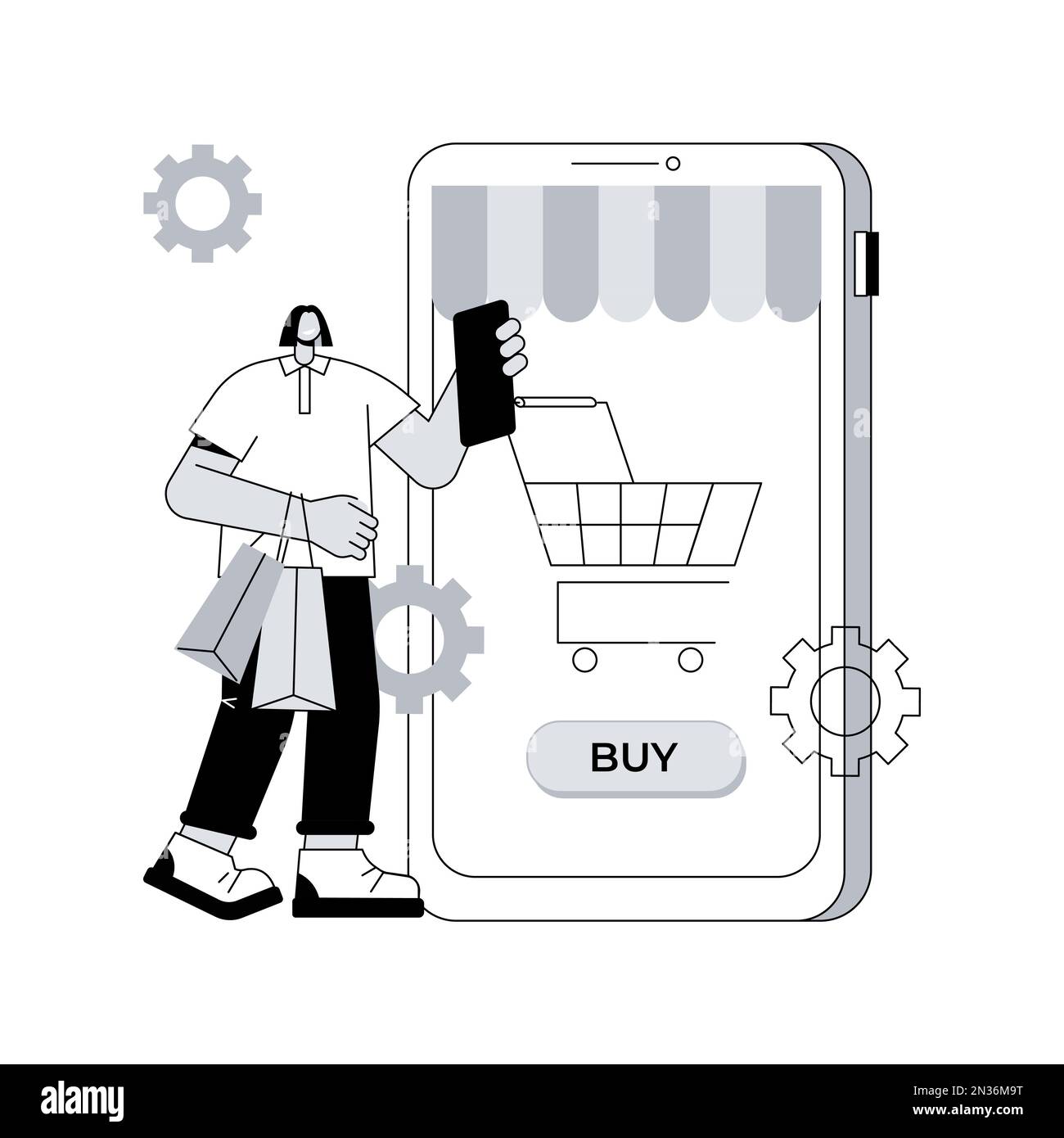 Illustrazione vettoriale del concetto astratto dell'applicazione eCommerce. Software commerciale, mercato delle applicazioni, app per piattaforma ecommerce, acquisto online, acquisti mobili, metafora astratta del pagamento in-app. Illustrazione Vettoriale