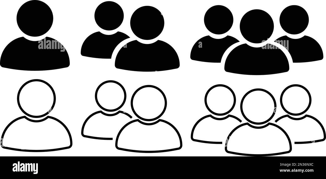 Icone linea persone e piatta set. Team di lavoratori. Simbolo del profilo utente. Gruppo di persone. Gruppo di utenti. Simbolo persone. Uomo o maschio. Folla Illustrazione Vettoriale
