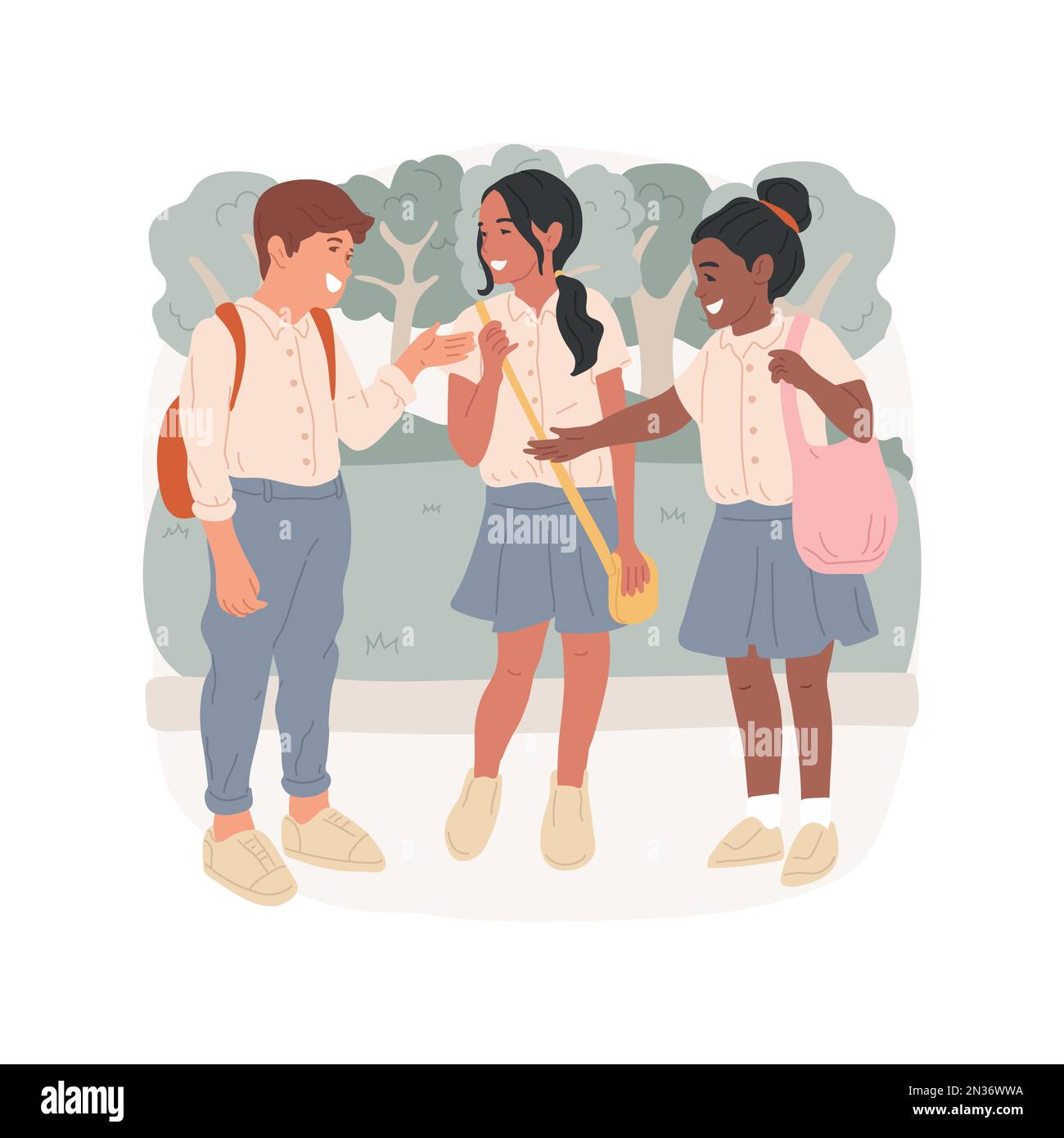 Illustrazione uniforme del vettore dei cartoni animati isolati dello studente. Sistema educativo, ragazzi e ragazze vestiti con gli stessi colori, moda scolastica, design di abbigliamento scolastico, gruppo di studenti in piedi cartoni animati vettoriali. Illustrazione Vettoriale