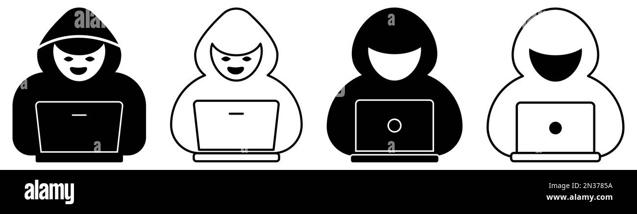Pirata informatico con icona del laptop. Illustrazione vettoriale isolata su sfondo bianco Illustrazione Vettoriale