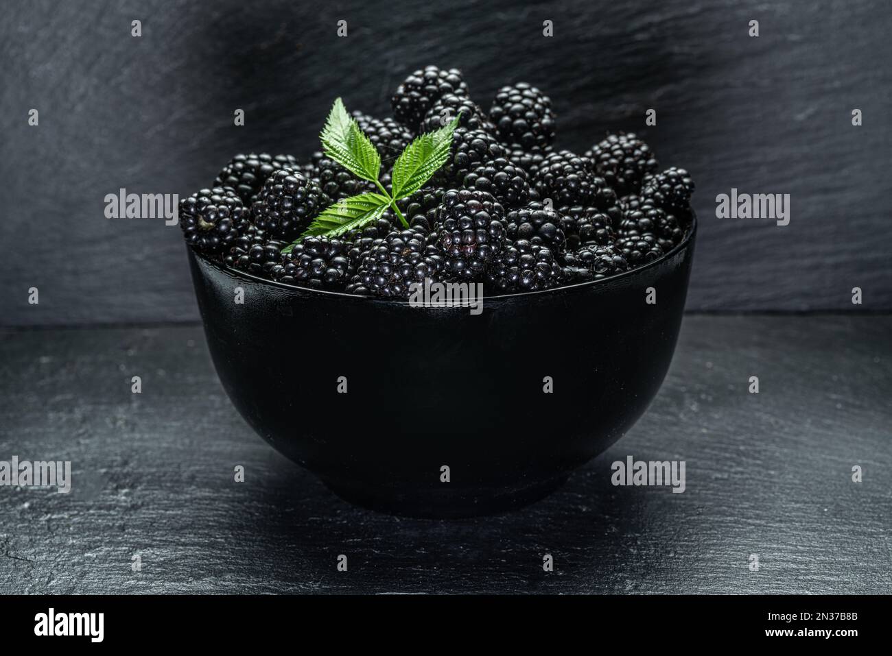 Ciotola nera con bacche nere mature su tavola grigia. Foto Stock