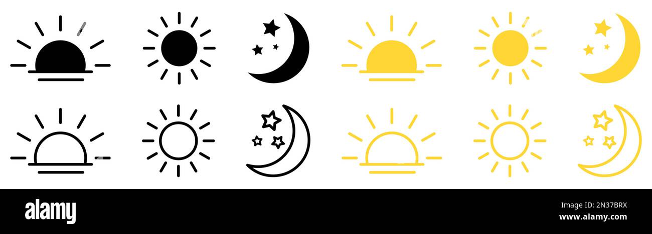 Set di icone dell'ora del giorno. Icone del tramonto, del sole, della luna. Illustrazione vettoriale Illustrazione Vettoriale
