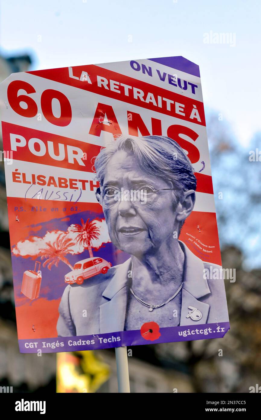 Francia. Parigi (75) 7 febbraio 2023. Terzo giorno di manifestazioni e scioperi nazionali contro il progetto di riforma delle pensioni. Bill alza l'età pensionabile a 64 anni Foto Stock