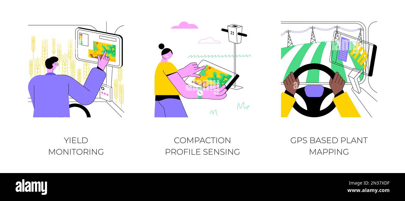 Navigazione satellitare in agricoltura Set isolato di illustrazioni vettoriali cartoni animati. Monitoraggio della resa, rilevamento del profilo di compattazione del suolo, mappatura degli impianti basata su GPS, cartoni animati vettoriali per agricoltura di precisione. Illustrazione Vettoriale