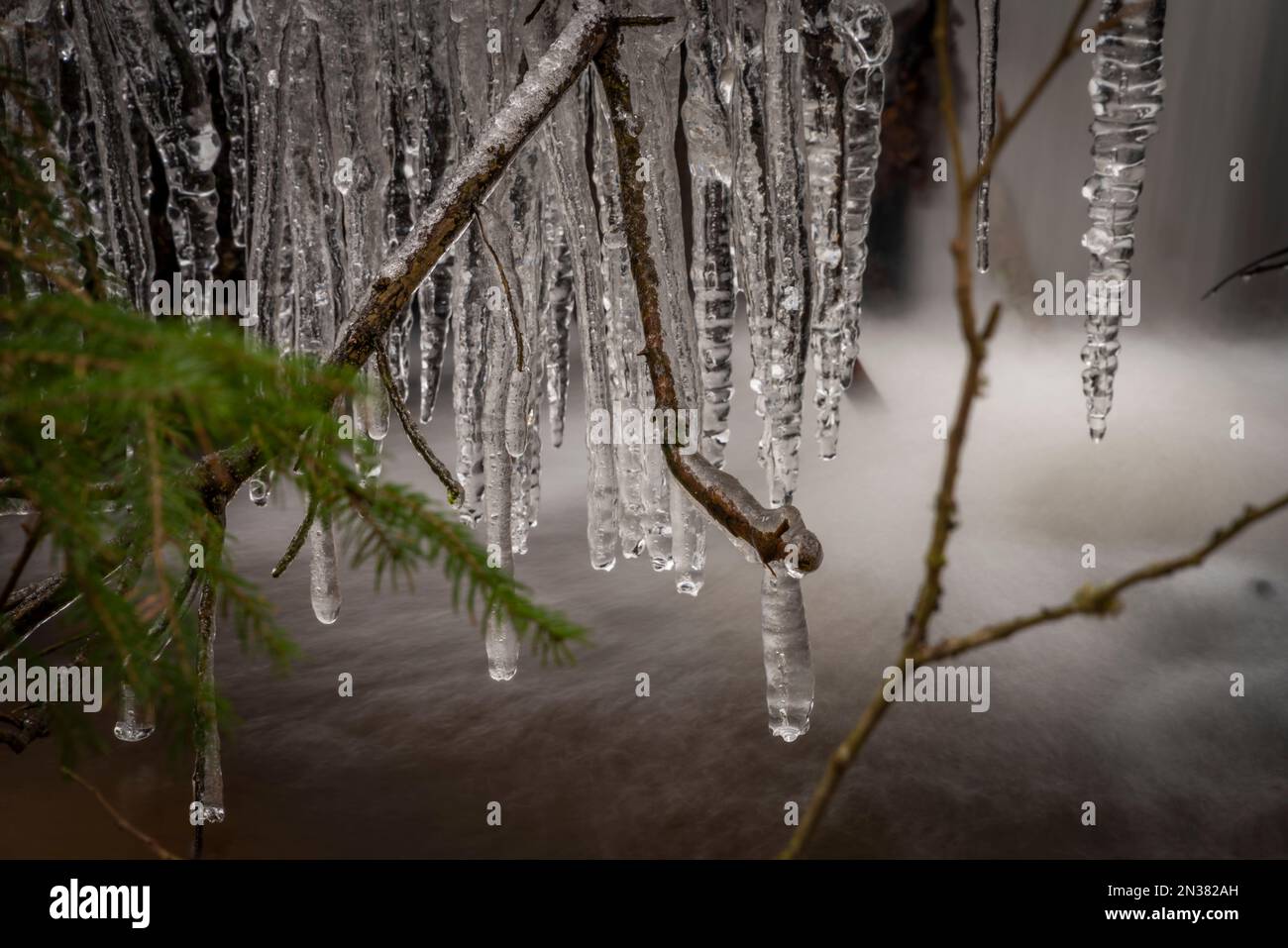 Insenatura ghiacciata e nevosa nella zona di Ceska Kanada a sud Moravia in inverno freddo mattina Foto Stock