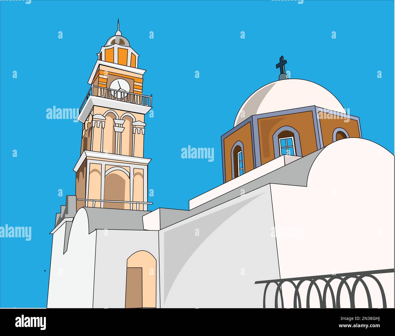 Illustrazione vettoriale della chiesa di Santorini con sfondo blu Illustrazione Vettoriale