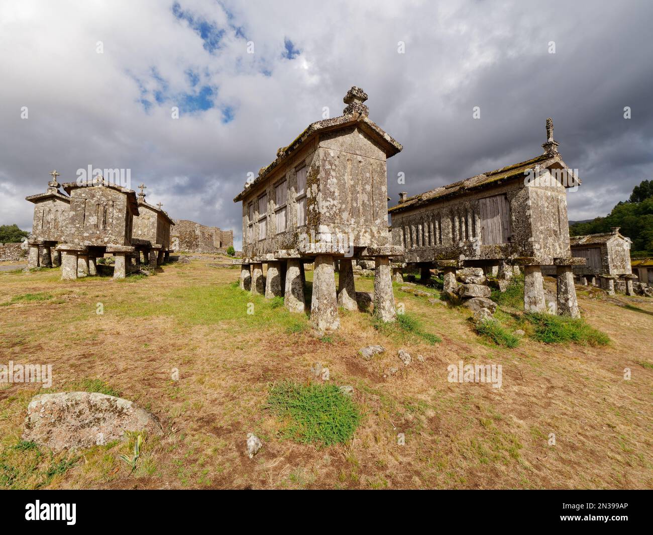 Granai Lindoso o Espigueiros de Lindoso in Portogallo. Questi granai di pietra stretti sono stati usati per immagazzinare ed asciugare fuori grano per le centinaia di anni. Foto Stock