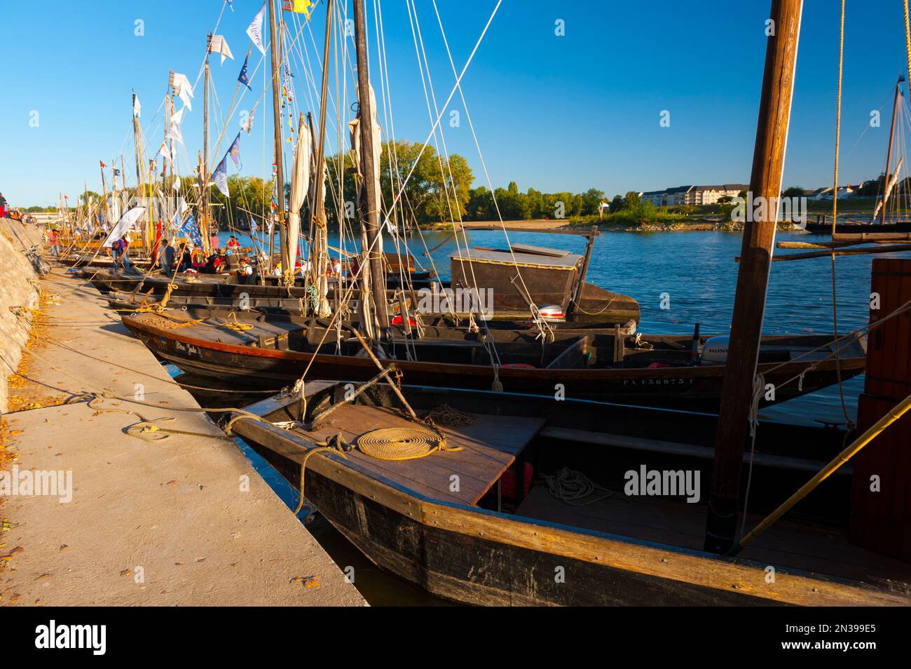 Francia, Loiret (45), Orléans, Loire Festival 2019, barche tradizionali a fondo piatto ormeggiate sulle rive della Loira Foto Stock