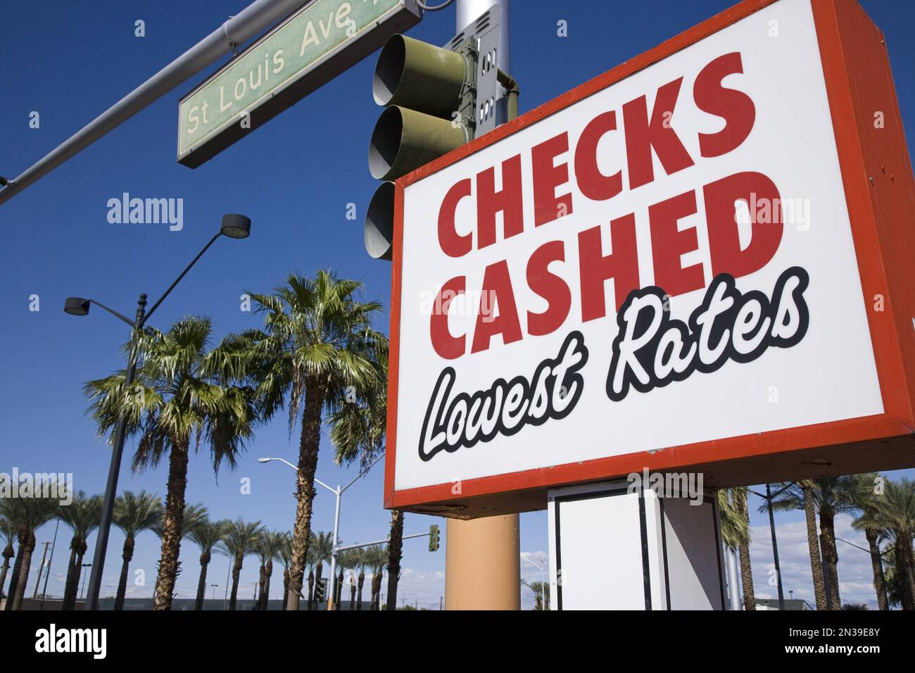 Assegni riscossi segno su St Louis Avenue, Las Vegas, Nevada, STATI UNITI D'AMERICA Foto Stock