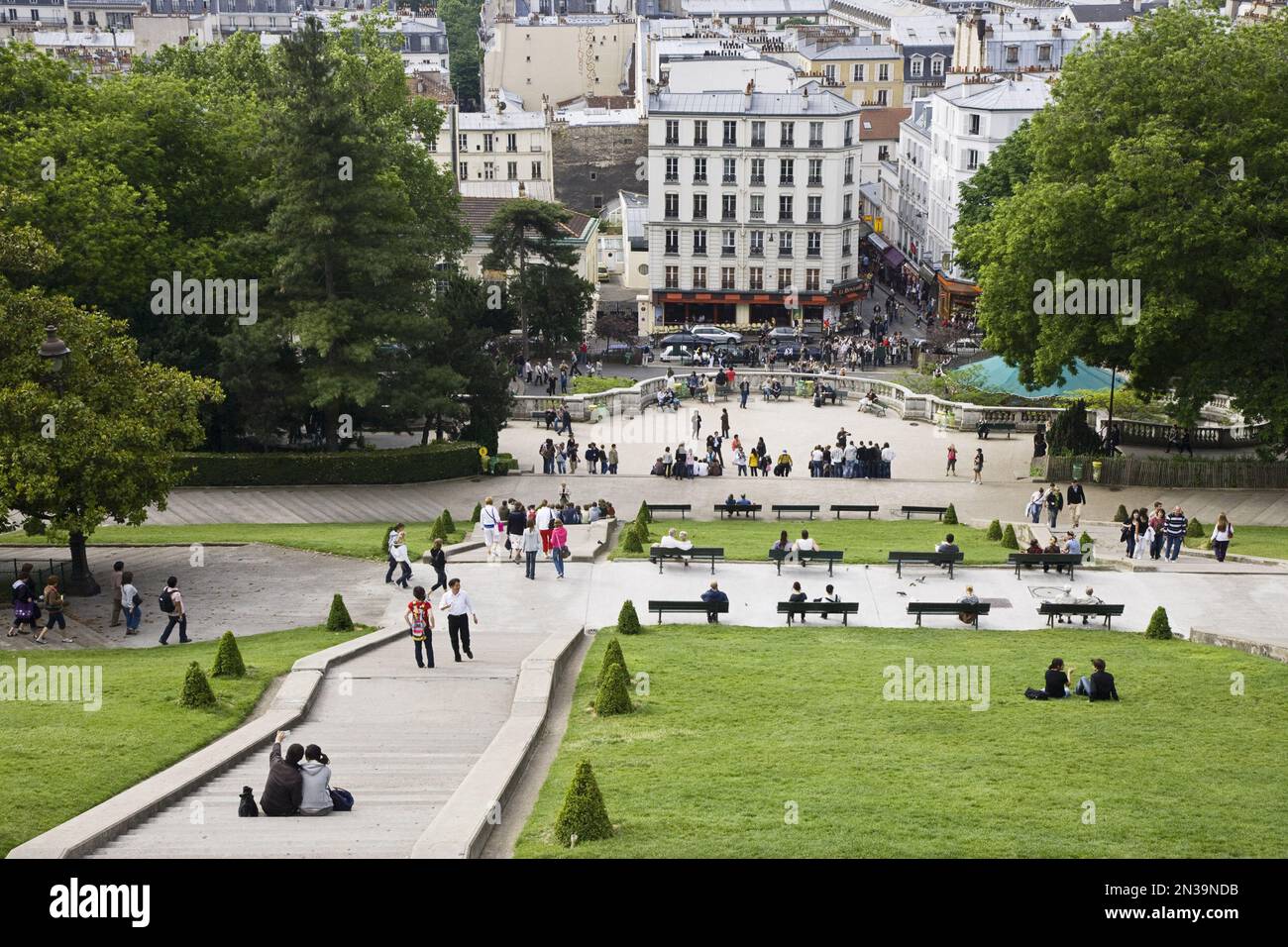 Vista dalla basilica del Sacré Coeur e Montmartre, Parigi, Ile de France, Francia Foto Stock