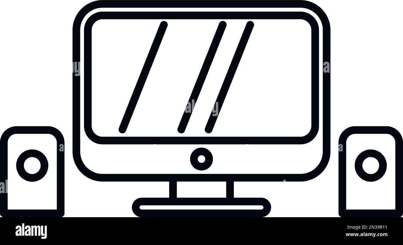 Vettore di contorno dell'icona dell'ambiente di lavoro del computer. Tavolo da ufficio. Sedia da lavoro Illustrazione Vettoriale