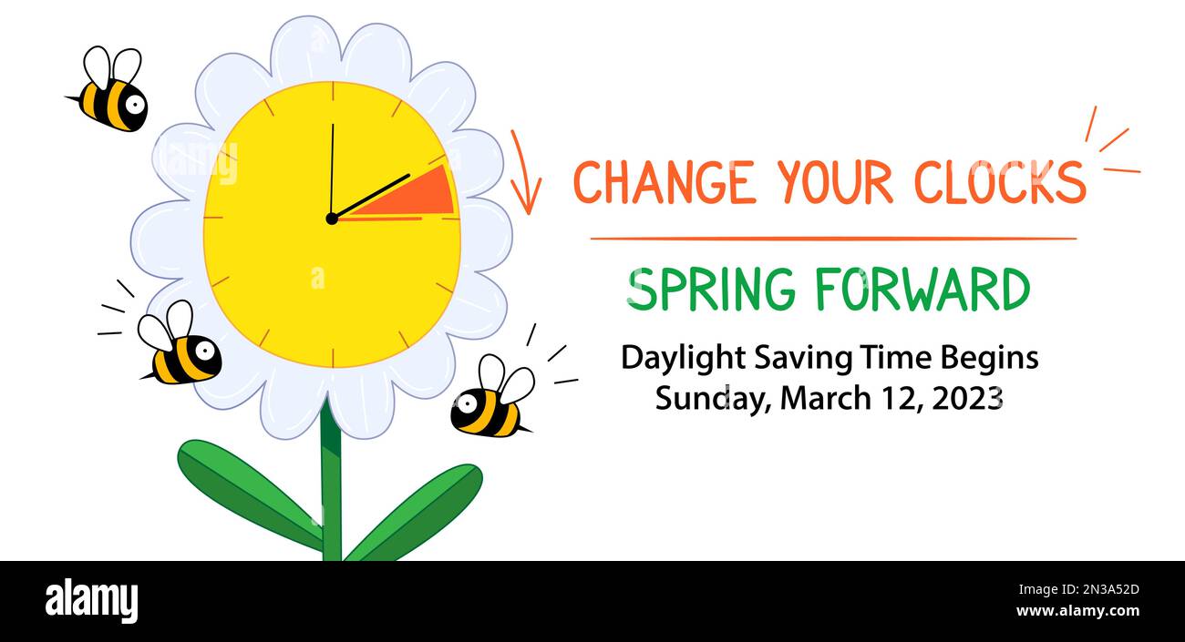 Banner Primavera dell'ora legale. Spring Forward Concept in stile doodle cartone animato con divertente fiore orologio e calendario di cambiare orologi a marzo 13 Illustrazione Vettoriale
