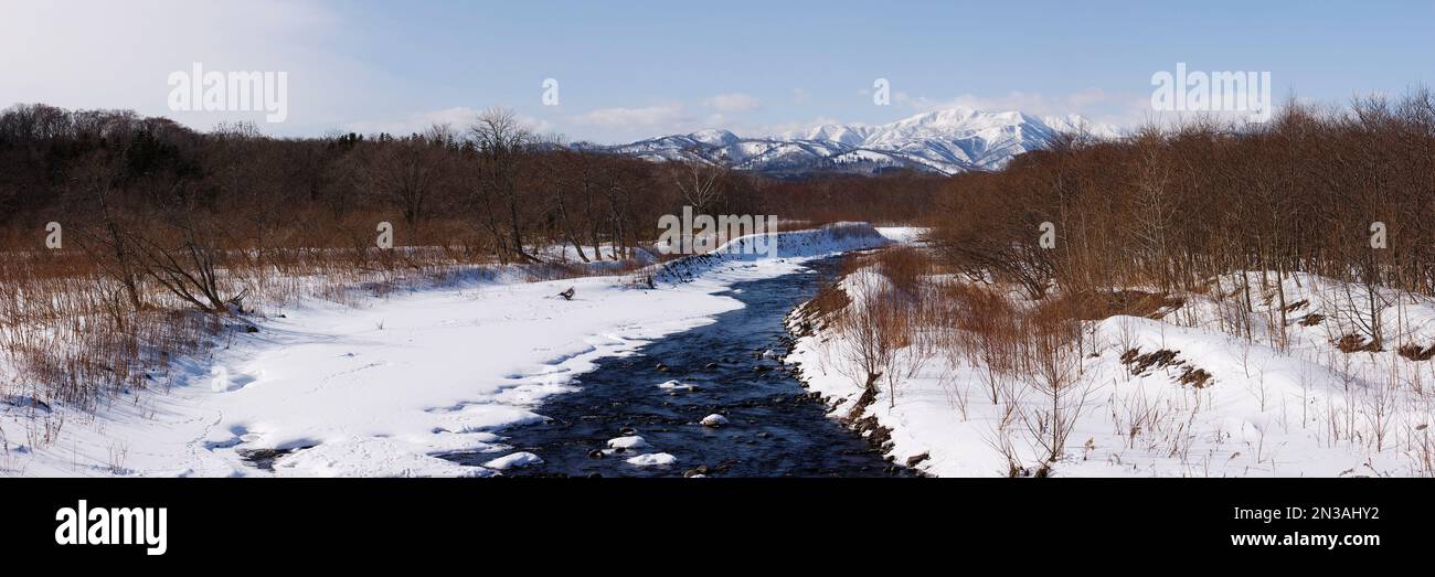 Attraversa il paesaggio innevato, la penisola di Shiretoko, Hokkaido, Giappone Foto Stock