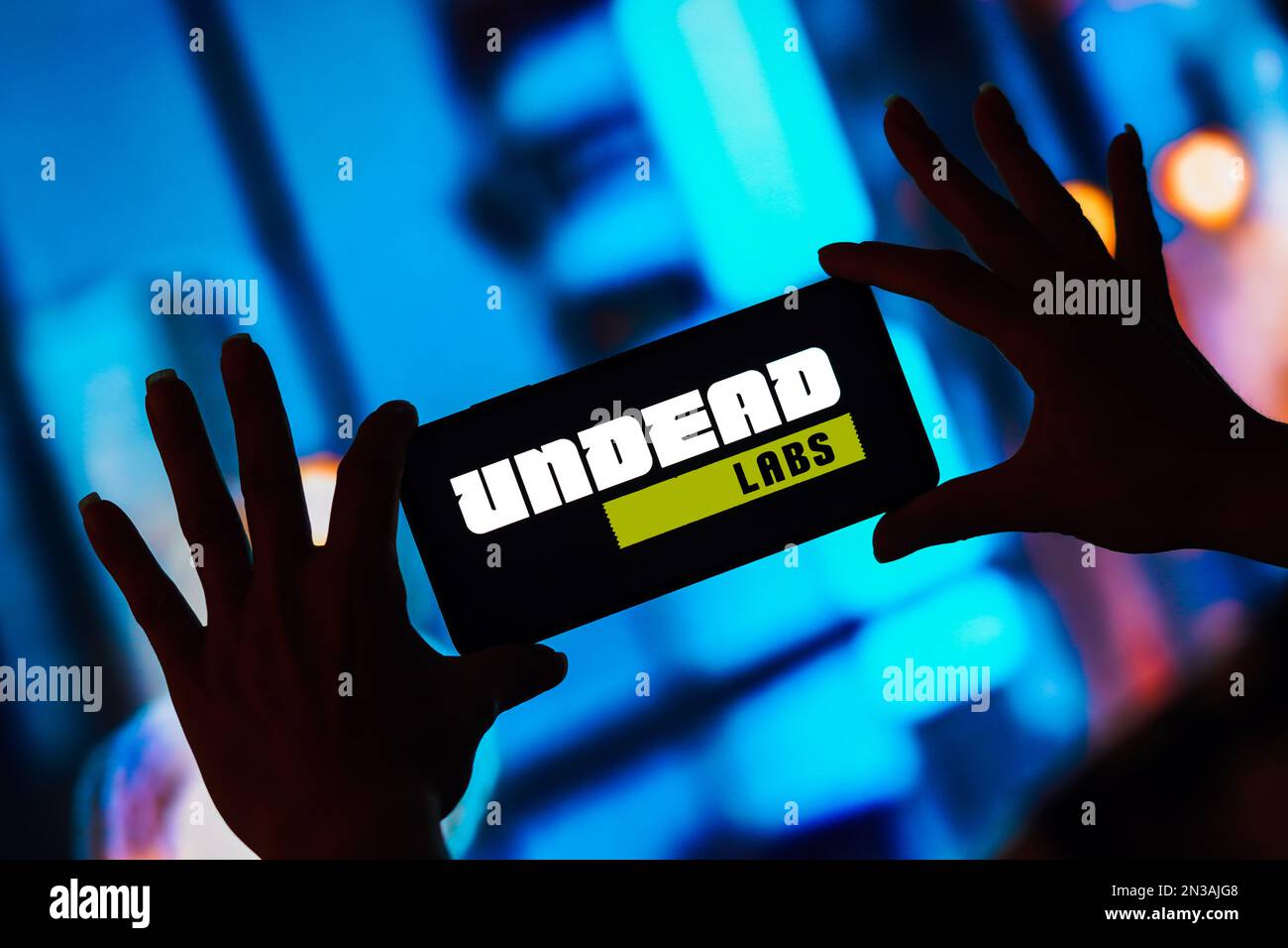 In questa immagine, il logo Undead Labs viene visualizzato sullo schermo di uno smartphone. Foto Stock
