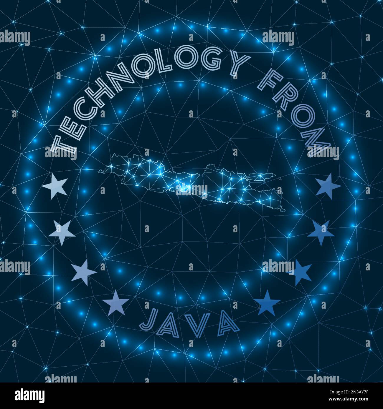 Simbolo geometrico futuristico dell'isola. Concetto tecnologico. Logo Java rotondo. Illustrazione vettoriale. Illustrazione Vettoriale