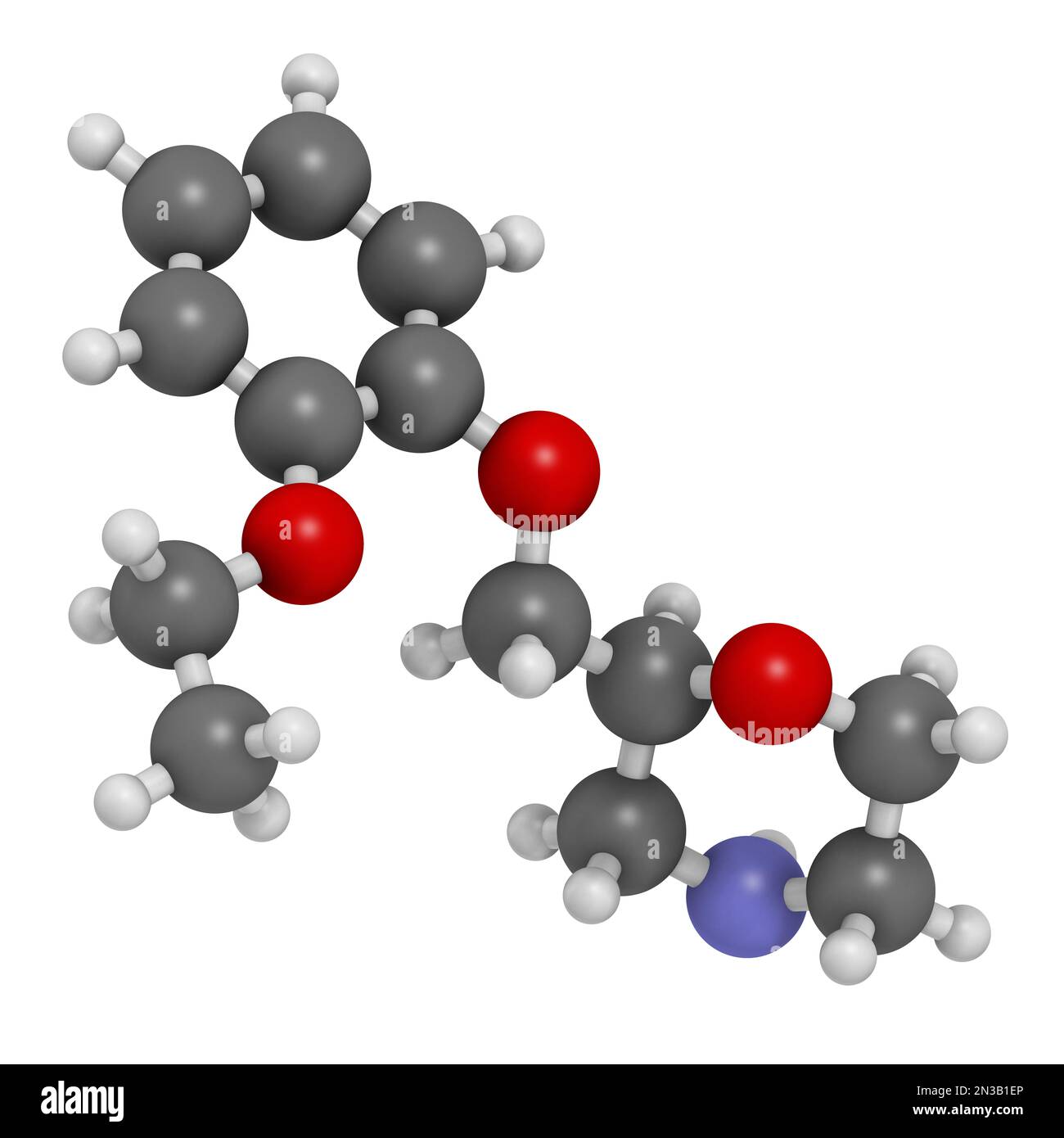 Molecola di farmaco di viloxazina. Rendering 3D. Gli atomi sono rappresentati come sfere con codifica a colori convenzionale: Idrogeno (bianco), carbonio (grigio), azoto (bl Foto Stock