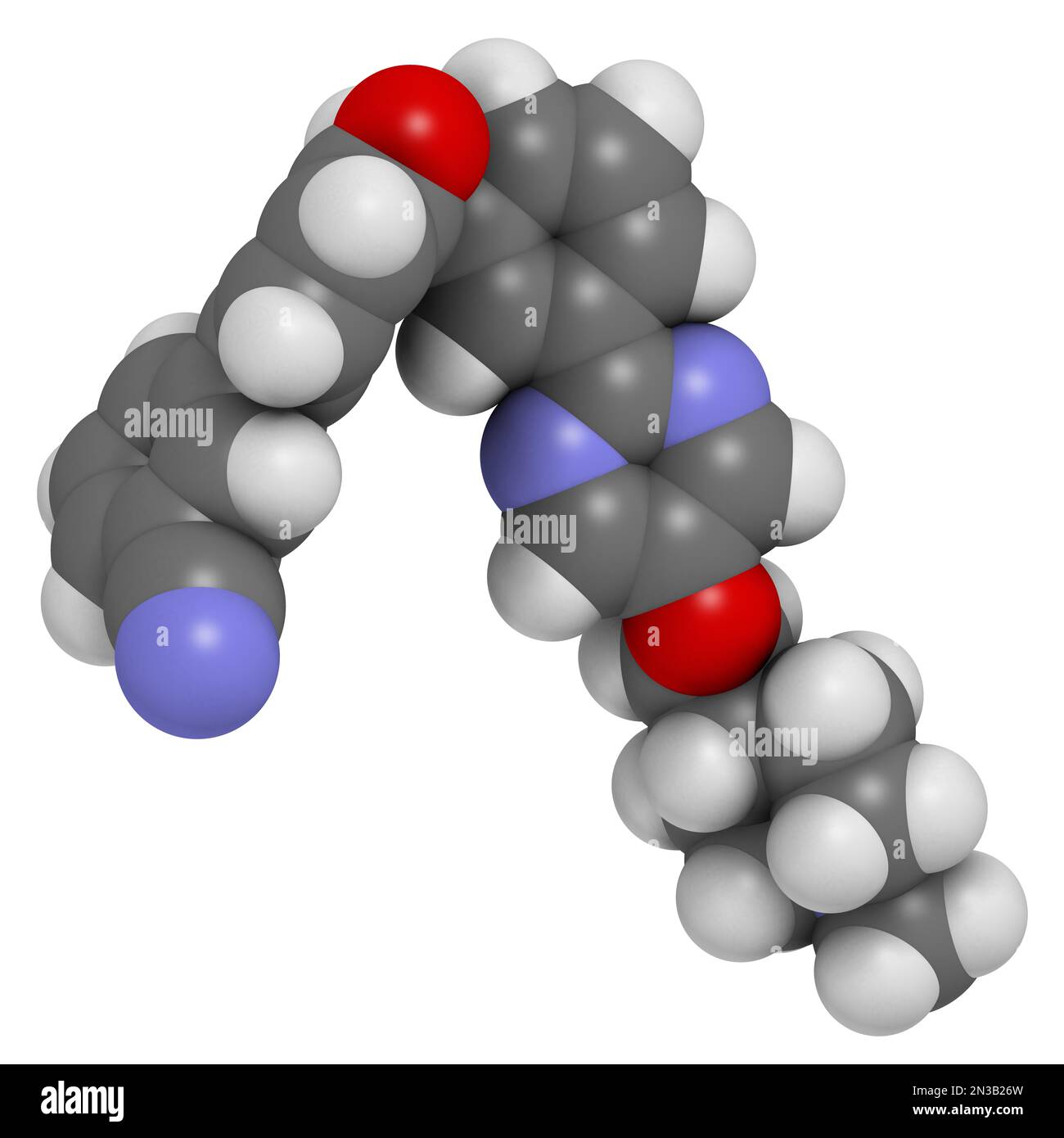 Molecola di farmaco del cancro di Tepotinib. Rendering 3D. Gli atomi sono rappresentati come sfere con codifica a colori convenzionale: Idrogeno (bianco), carbonio (grigio), azoto Foto Stock