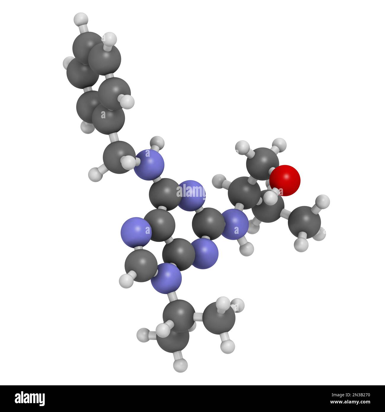 Molecola di farmaco di Seliclib (inibitore di CDK). Rendering 3D. Gli atomi sono rappresentati come sfere con codifica a colori convenzionale: Idrogeno (bianco), carbonio (gre Foto Stock