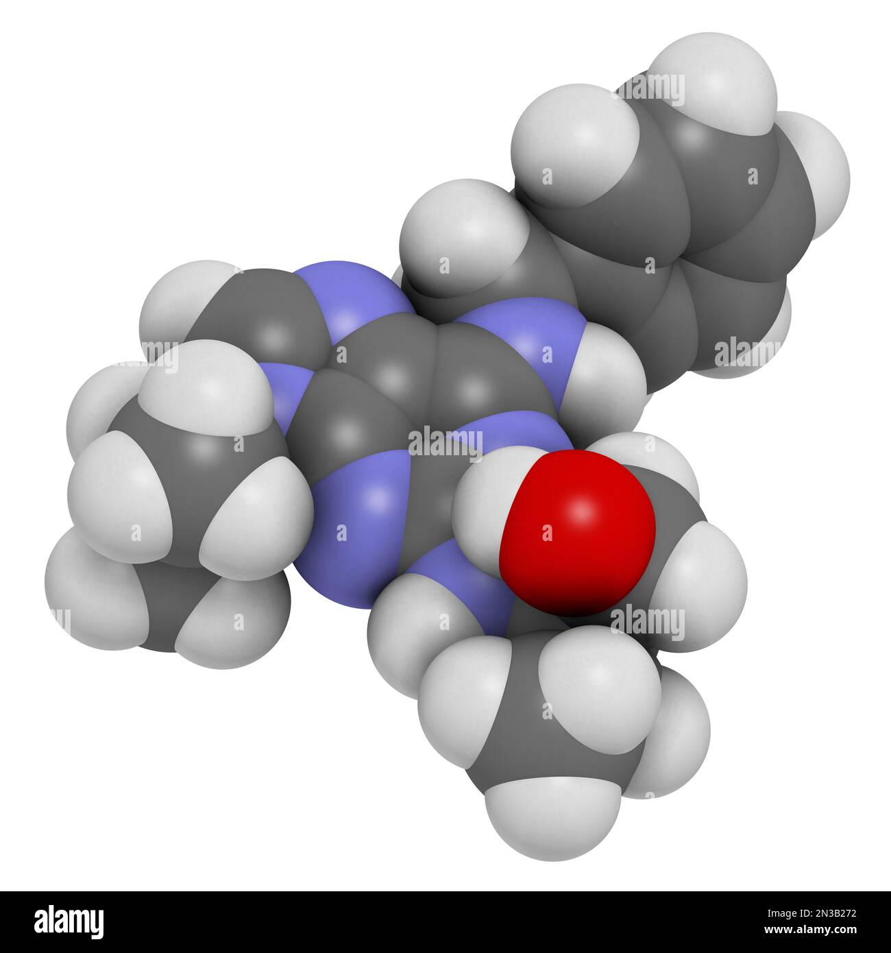 Molecola di farmaco di Seliclib (inibitore di CDK). Rendering 3D. Gli atomi sono rappresentati come sfere con codifica a colori convenzionale: Idrogeno (bianco), carbonio (gre Foto Stock