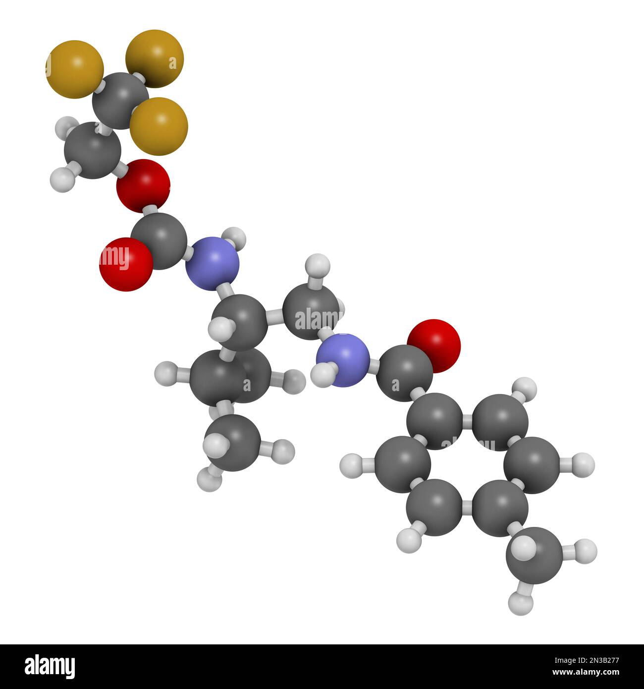 Molecola fungicida di Tolprocarb. Rendering 3D. Gli atomi sono rappresentati come sfere con codifica a colori convenzionale: Idrogeno (bianco), carbonio (grigio), fluorina Foto Stock