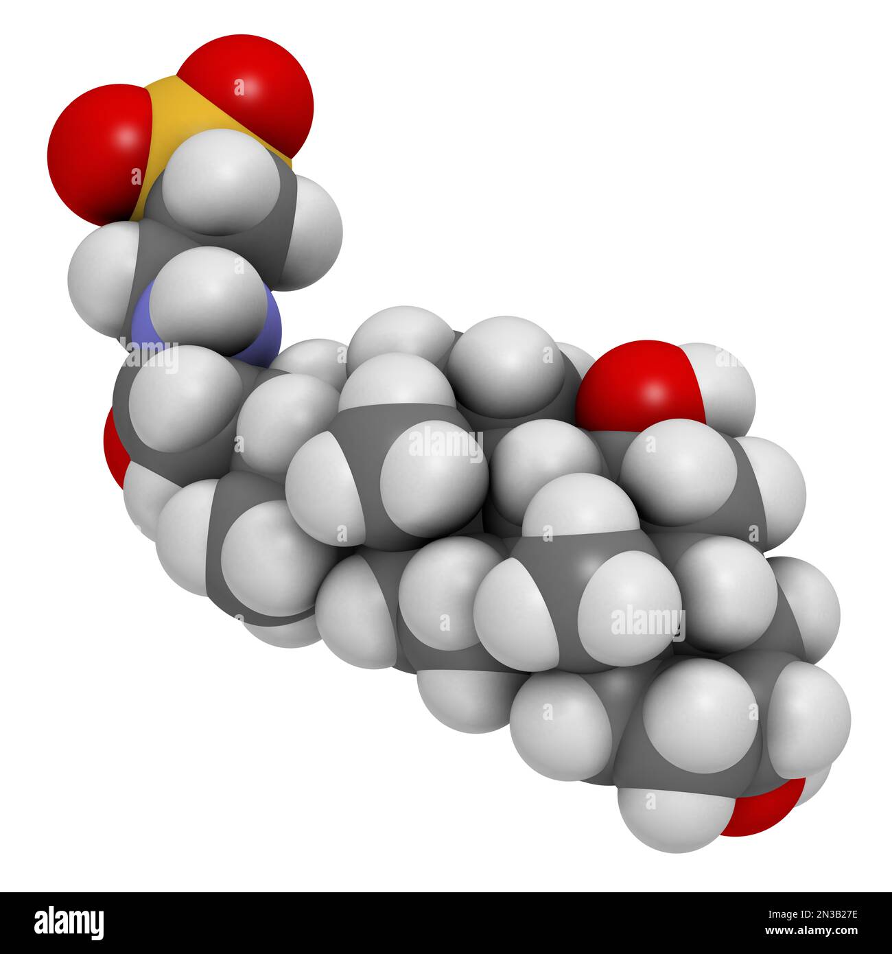 Molecola di acido tauroursodesossicolico (TUDCA). Coniugato di taurina e acido ursodesossicolico. Rendering 3D. Gli atomi sono rappresentati come sfere con convento Foto Stock