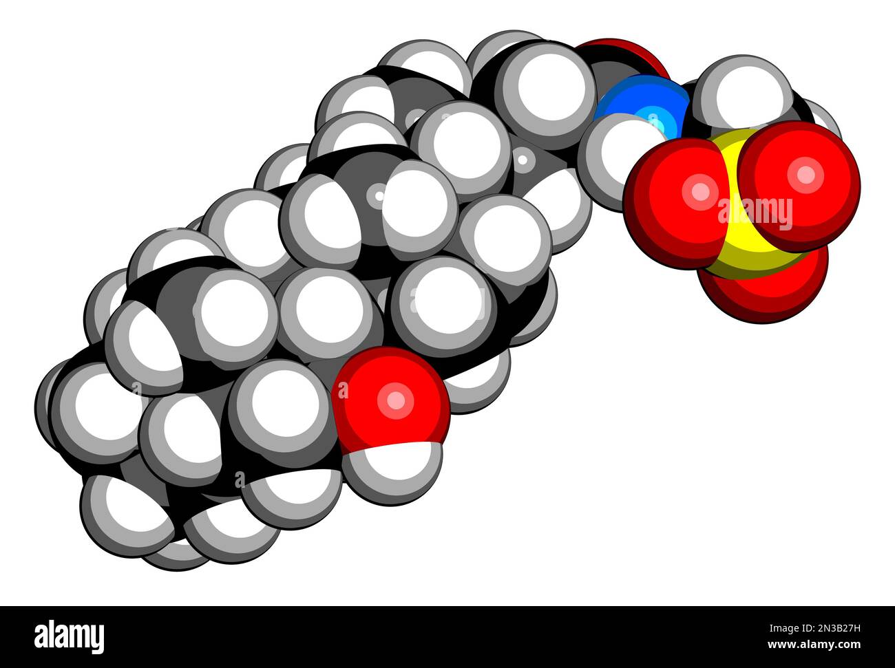 Molecola di farmaco di Taurursodiol. Noto anche come ursodoxicoltaurina e acido tauroursodesossicolico o TUDCA. Rendering 3D. Gli atomi sono rappresentati come sfere wi Foto Stock