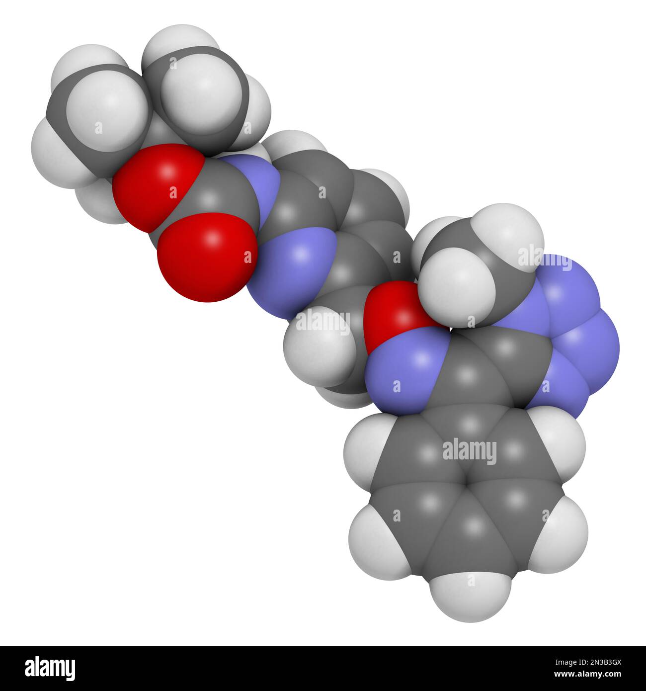 Molecola fungicida di Picarbutrazox. Rendering 3D. Gli atomi sono rappresentati come sfere con codifica a colori convenzionale: Idrogeno (bianco), carbonio (grigio), ossig Foto Stock