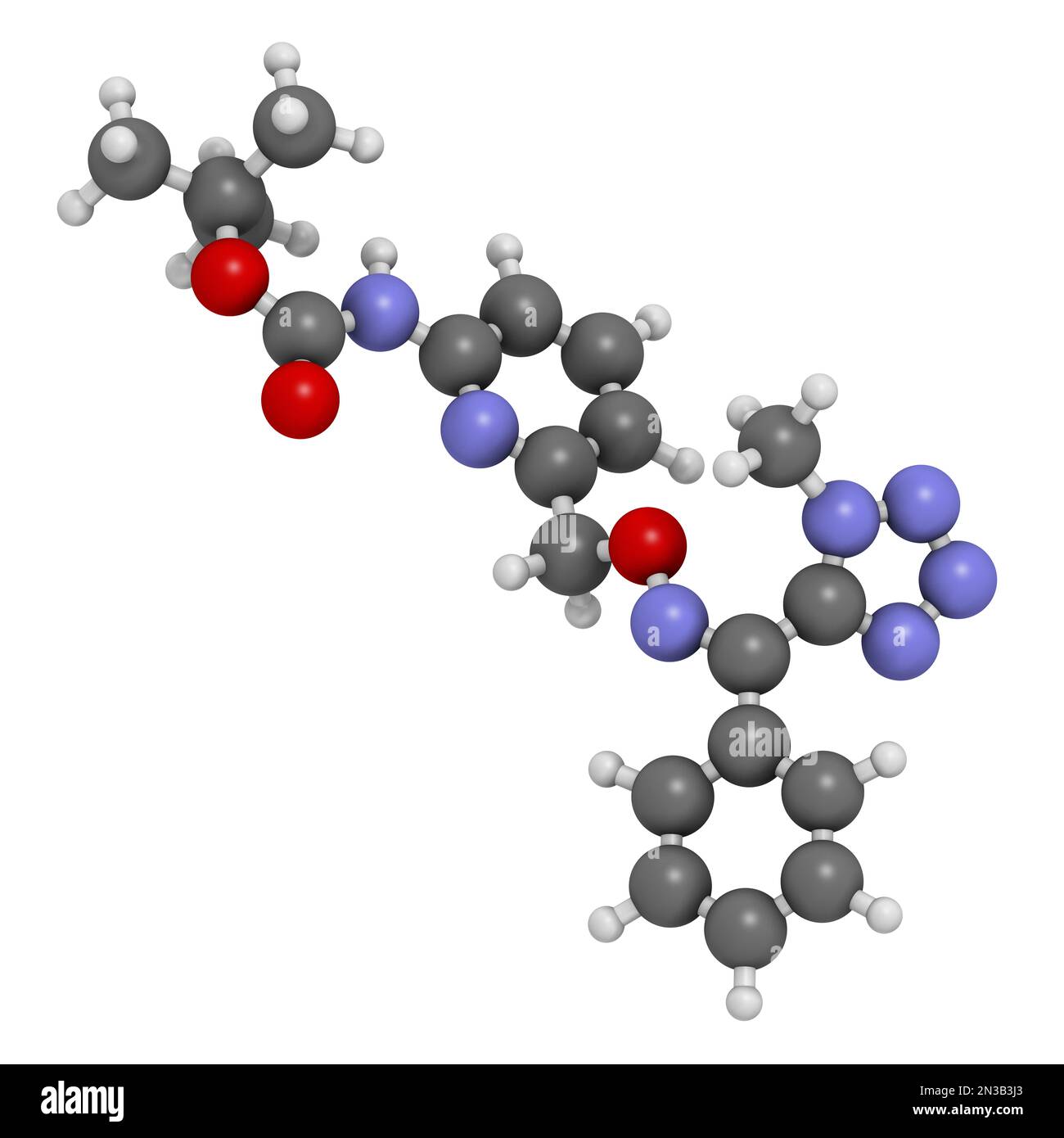Molecola fungicida di Picarbutrazox. Rendering 3D. Gli atomi sono rappresentati come sfere con codifica a colori convenzionale: Idrogeno (bianco), carbonio (grigio), ossig Foto Stock