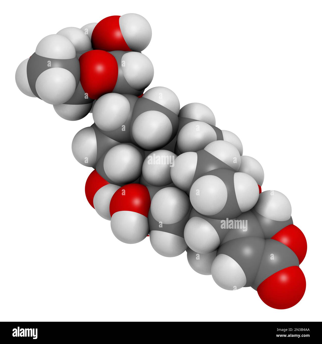 Molecola di veleno ouabain. Rendering 3D. Gli atomi sono rappresentati come sfere con codifica a colori convenzionale: Idrogeno (bianco), carbonio (grigio), ossigeno (rosso). Foto Stock