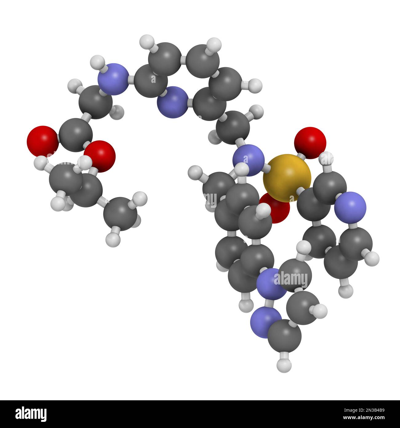 Molecola di farmaco dell'occhio di Omidenepag. Rendering 3D. Gli atomi sono rappresentati come sfere con codifica a colori convenzionale: Idrogeno (bianco), carbonio (grigio), azoto Foto Stock