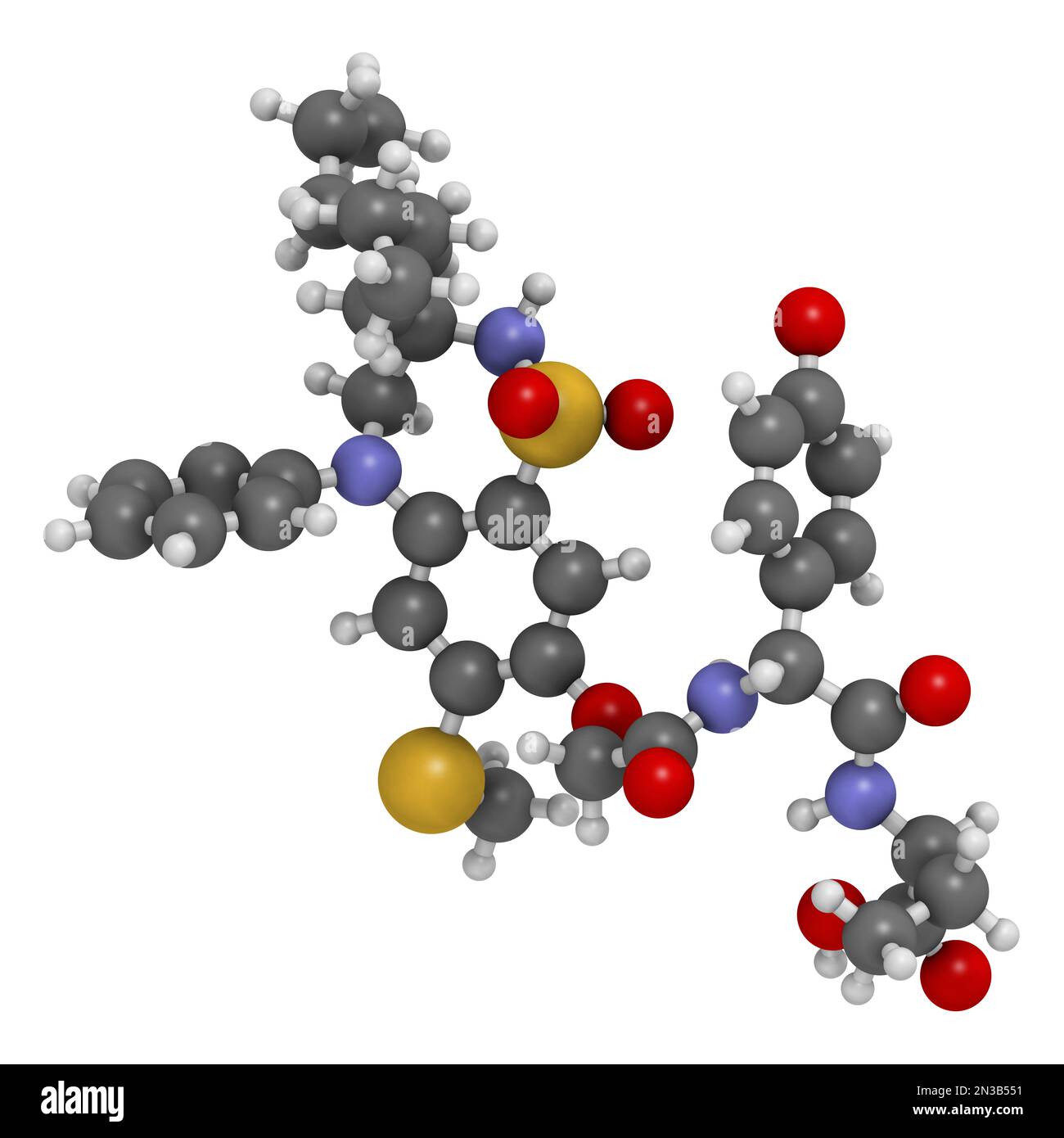 Molecola di farmaco di Odevixibat. Rendering 3D. Gli atomi sono rappresentati come sfere con codifica a colori convenzionale: Idrogeno (bianco), carbonio (grigio), azoto (bl Foto Stock