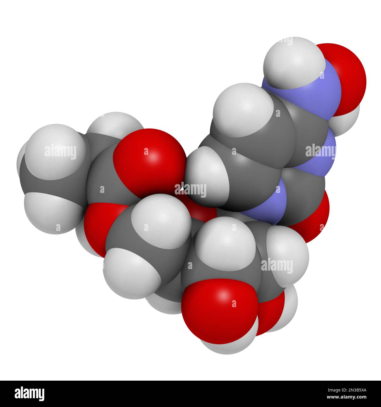 Molecola di farmaco antivirale di Molnupiravir. Rendering 3D. Gli atomi sono rappresentati come sfere con codifica a colori convenzionale: Idrogeno (bianco), carbonio (grigio), Foto Stock