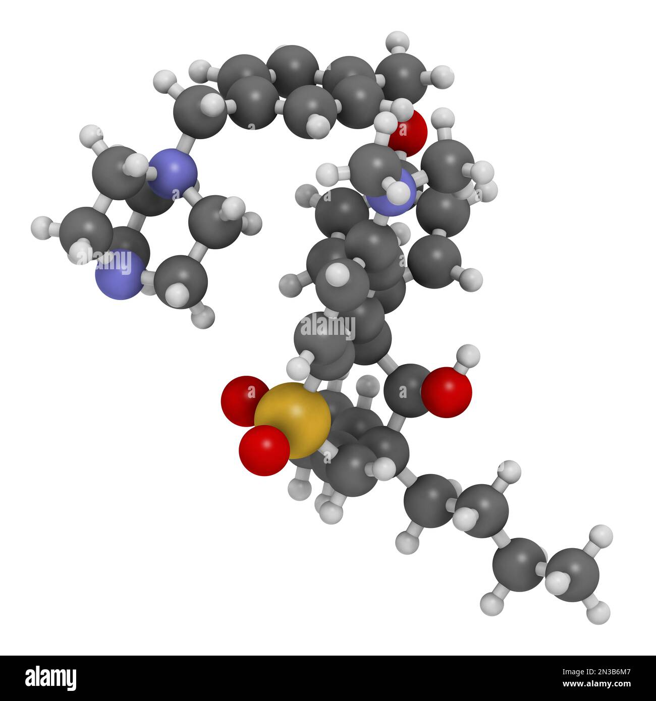 Molecola di farmaco di Maralixibat. Rendering 3D. Gli atomi sono rappresentati come sfere con codifica a colori convenzionale: Idrogeno (bianco), carbonio (grigio), azoto (b Foto Stock