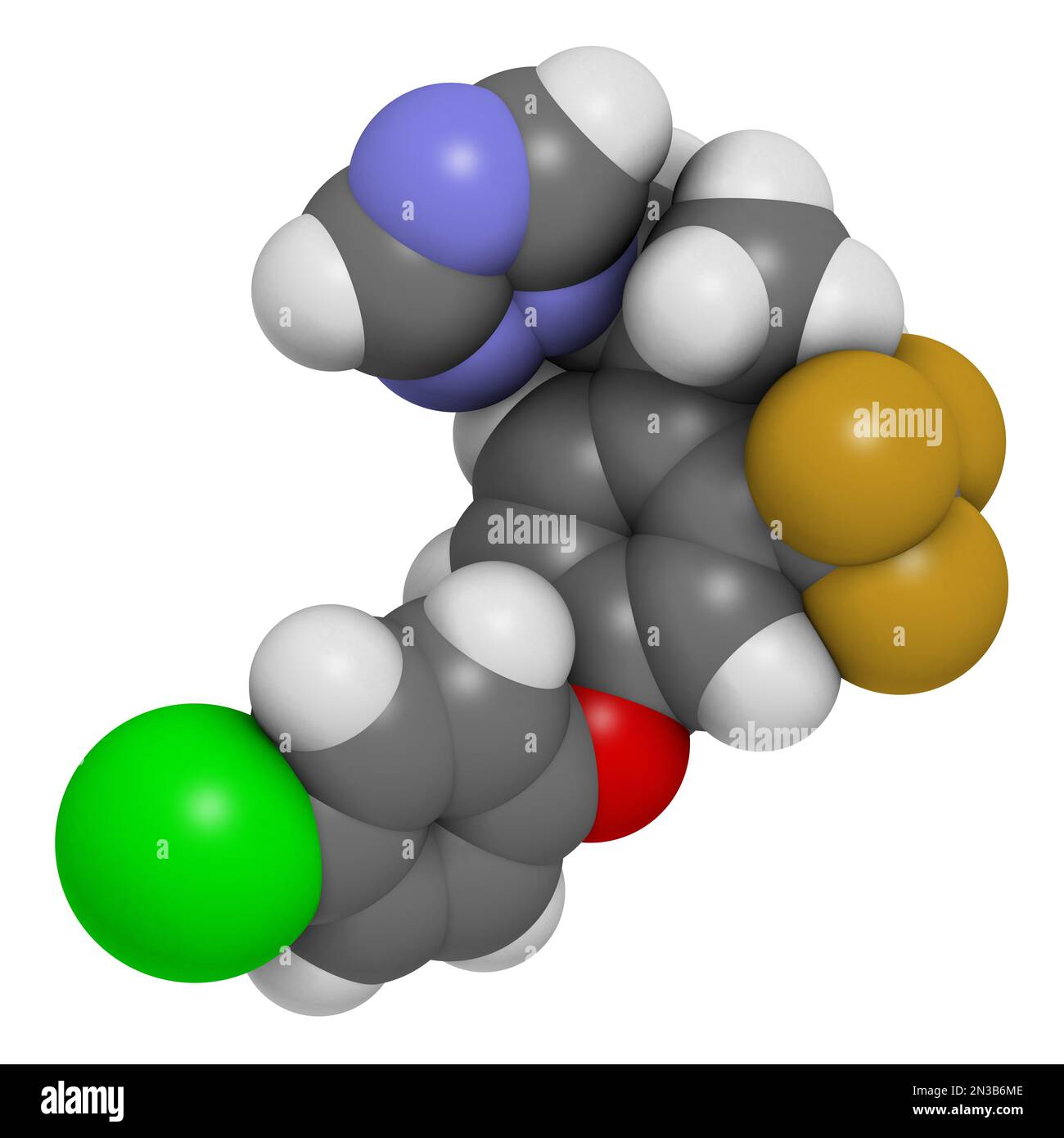 Molecola fungicida di Mefentrifluconazolo. Rendering 3D. Gli atomi sono rappresentati come sfere con codifica a colori convenzionale: Idrogeno (bianco), carbonio (grigio) Foto Stock