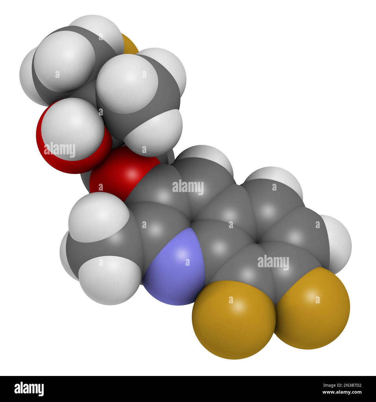 Molecola fungicida di Ipflufenochin. Rendering 3D. Gli atomi sono rappresentati come sfere con codifica a colori convenzionale: Idrogeno (bianco), carbonio (grigio), ossig Foto Stock