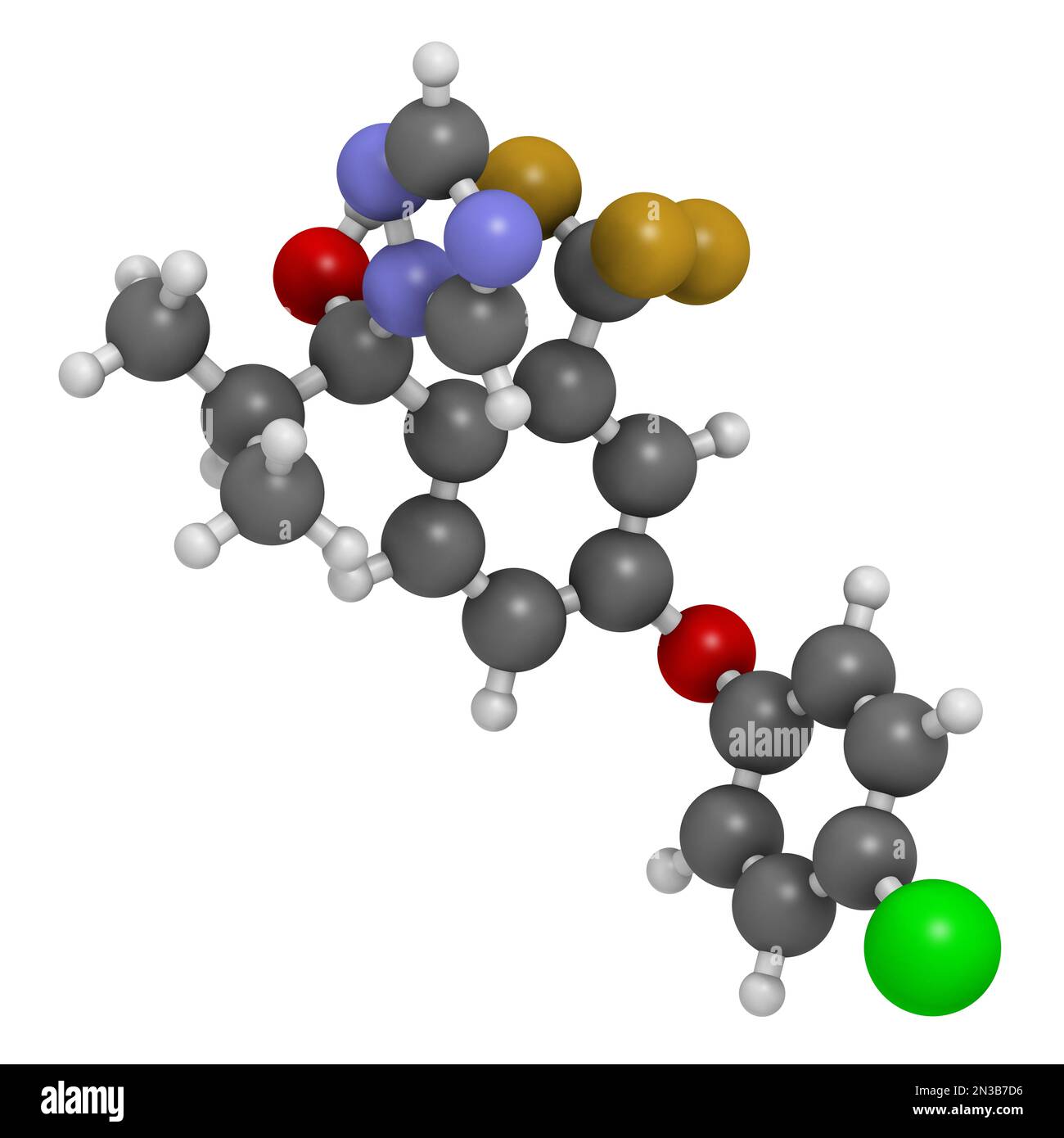 Molecola fungicida di Ipfentrifluconazolo. Rendering 3D. Gli atomi sono rappresentati come sfere con codifica a colori convenzionale: Idrogeno (bianco), carbonio (grigio) Foto Stock