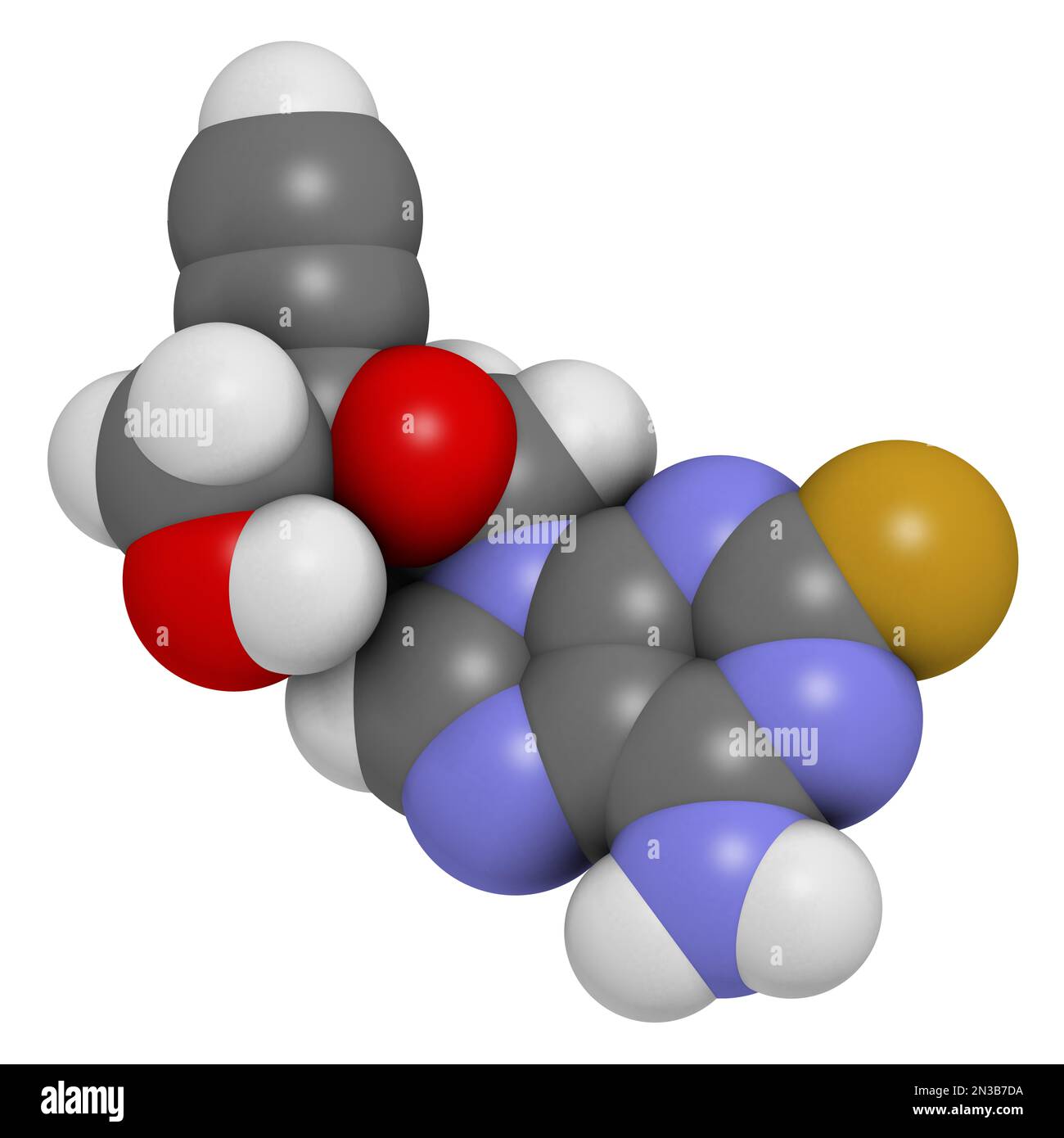 Islatravir molecola di farmaco HIV. Rendering 3D. Gli atomi sono rappresentati come sfere con codifica a colori convenzionale: Idrogeno (bianco), carbonio (grigio), azoto Foto Stock
