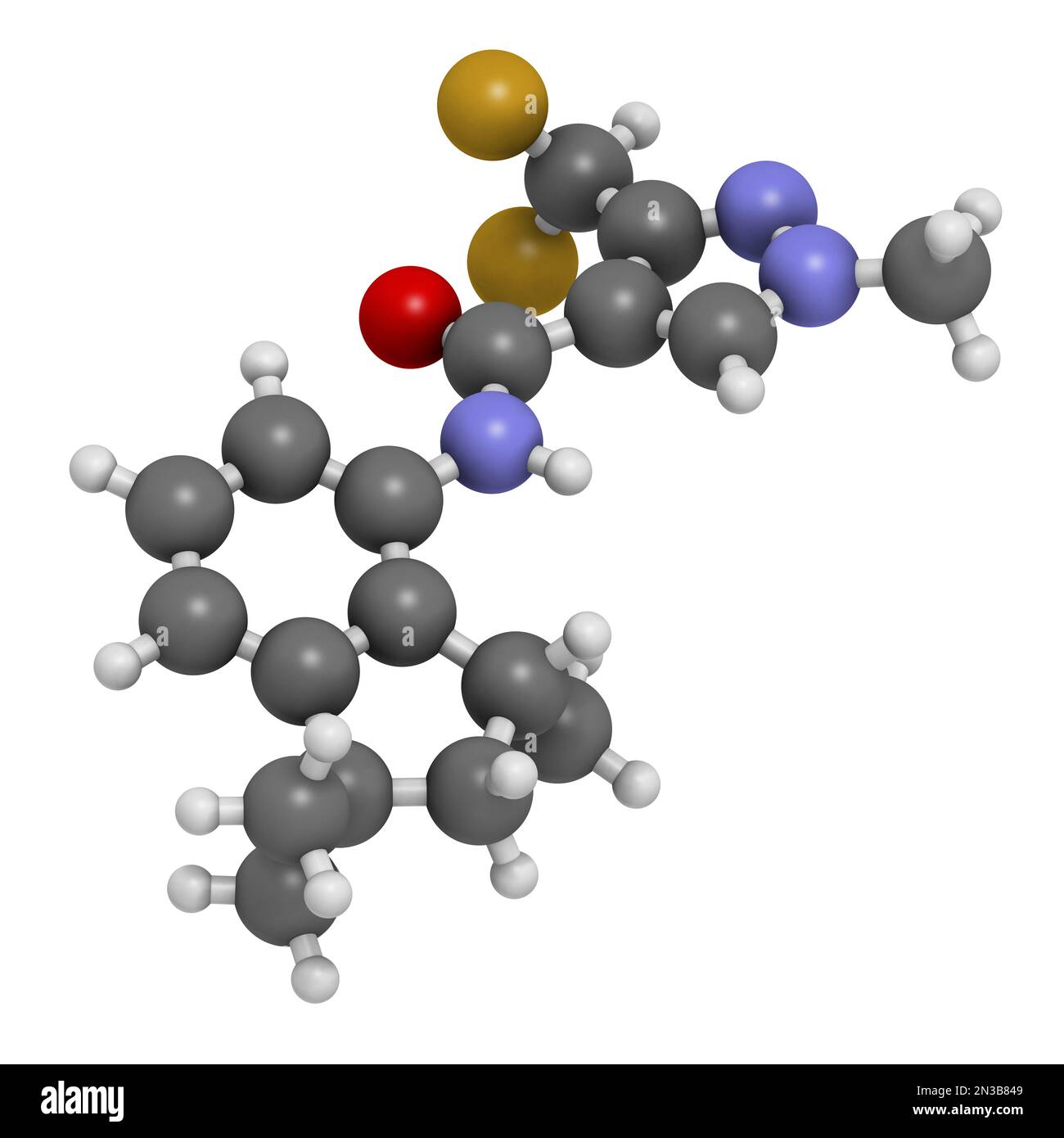 Molecola fungicida di Inpirfluxam. Rendering 3D. Gli atomi sono rappresentati come sfere con codifica a colori convenzionale: Idrogeno (bianco), carbonio (grigio), ossigeno Foto Stock