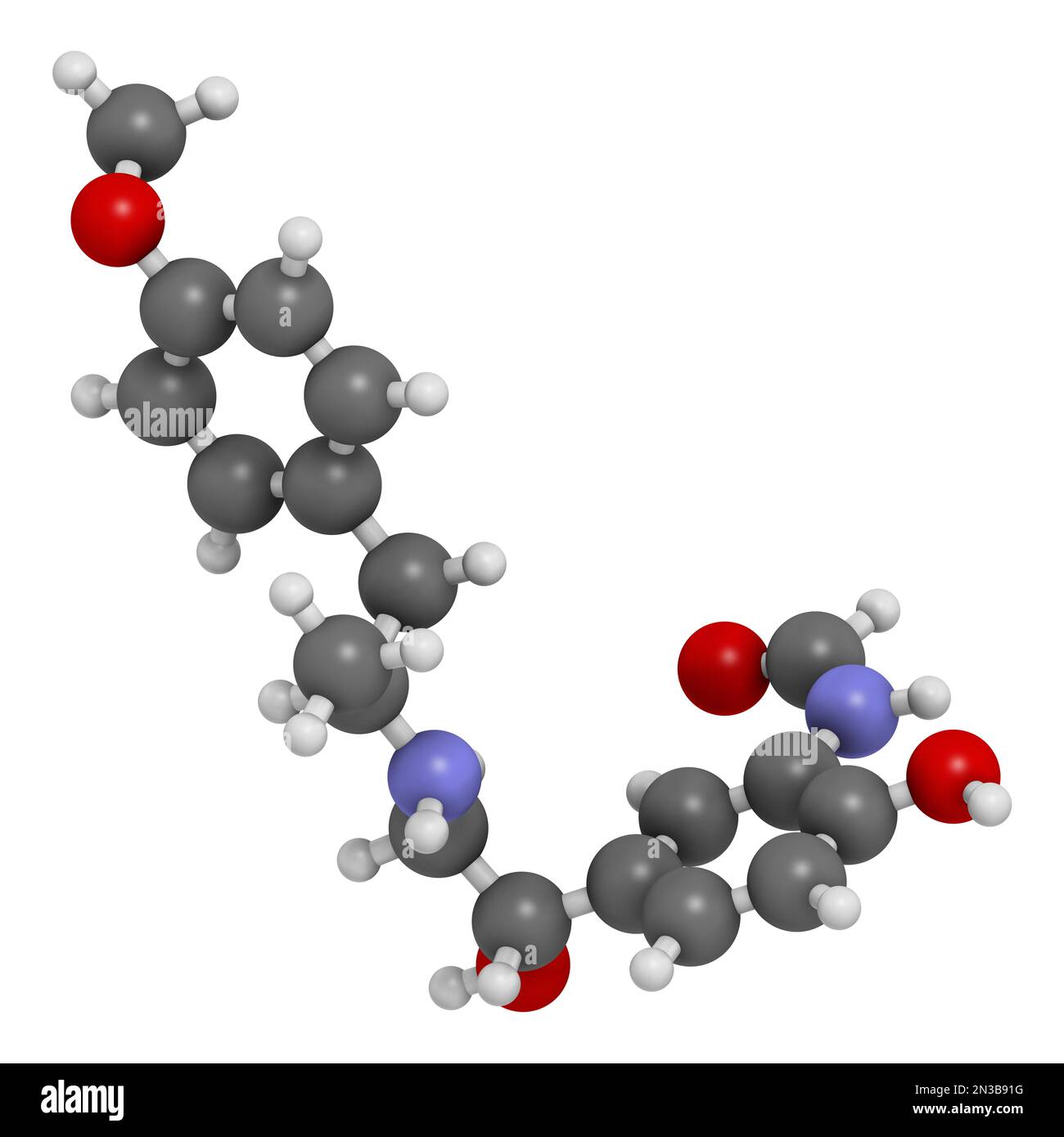 Molecola di farmaco di formoterolo. Rendering 3D. Gli atomi sono rappresentati come sfere con codifica a colori convenzionale: Idrogeno (bianco), carbonio (grigio), azoto (bl Foto Stock